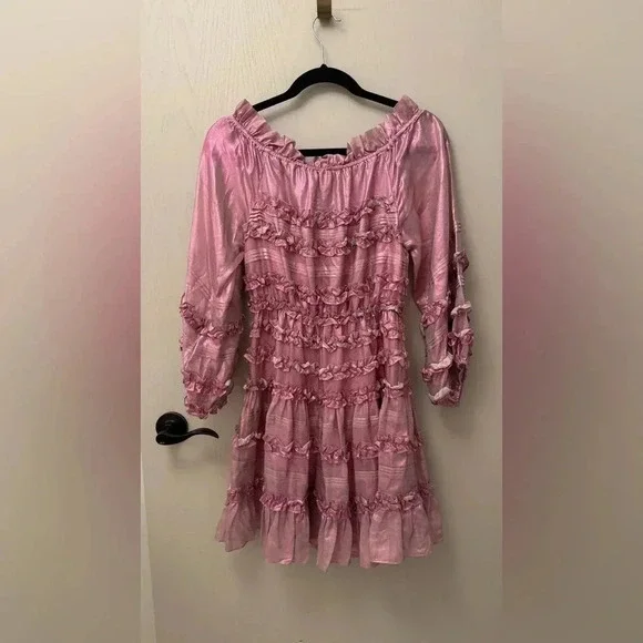 NWT Cynthia Rowley Ella Silk Metallic Foil Ruffle Mini Dress Metallic Blush XS - Picture 6 of 10